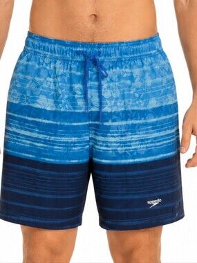 NWT Speedo Men's Blue 4-Way Stretch Swim Trunks Board Shorts Size Large UPF 50+